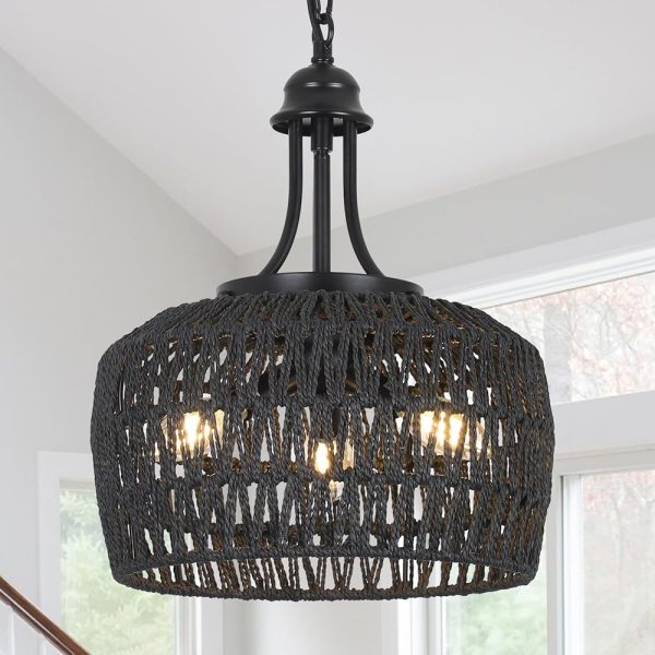 HMVPL Black Rattan Chandelier for Dining Room, 3-Light Boho Light Fixture with Woven Lampshade, Wicker Pendant Light Ceiling Hanging, Farmhouse Kitchen Chandelier for Bedroom...