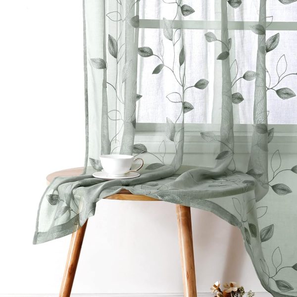 HOMEIDEAS Sage Green Sheer Curtains 52 X 63 Inches Length 2 Panels Embroidered Leaf Pattern Pocket Faux Linen Floral Semi Sheer Voile Window Curtains/Drapes for Bedroom Living Room