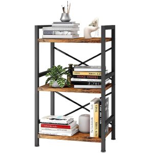 Homeiju Bookshelf, 3 Tier Industrial Bookcase, Metal Small Bookcase, Rustic Etagere Book Shelf Storage Organizer for Living Room, Bedroom, and Home Office(Rustic Brown) Patent...