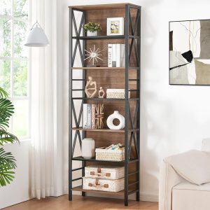 HOMISSUE Bookshelf, 7-Tier Bookshelf, Rustic Wood Metal Bookshelves and Bookcases, Freestanding Open Bookshelf, Industrial Tall Bookcase for Home Office, Living Room and...