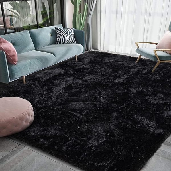 HOMORE Black Area Rug for Bedroom, Fluffy Furry Shaggy Rugs for Living Room, Super Soft and Comfy Carpet for Kids Room, Cute Carpets for Nursery Girls Home Decor, 4x6 Feet