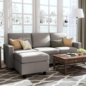 HONBAY Convertible Sectional Sofa, L Shaped Couch with Linen Fabric, Reversible Couch for Small Space, Light Grey