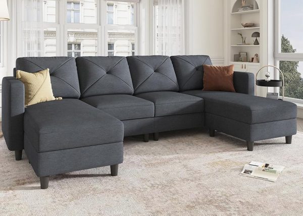 HONBAY Convertible Sectional Sofa U Shaped Couch 4 Seat Sofa with Double Chaises for Living Room, Bluish Grey