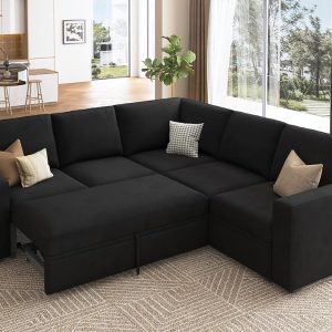 HONBAY Modular Sectional Sleeper Sofa with Pull Out Bed, Velvet L Shaped Sectional Couch with Storage Seat, Convertible Sectional Couches for Living Room, Black