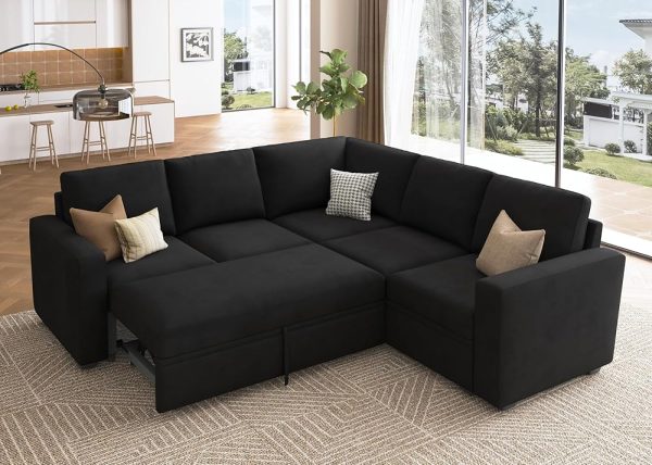 HONBAY Modular Sectional Sleeper Sofa with Pull Out Bed, Velvet L Shaped Sectional Couch with Storage Seat, Convertible Sectional Couches for Living Room, Black