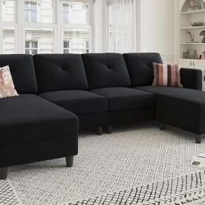 HONBAY Reversible Sectional Couches for Living Room, Sectional Couch U Shape, 4 Seat Sectional Sofa with Chaise, Dark