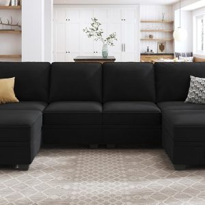 HONBAY Sectional Sofa with Storage Seat Velvet U Shaped Sectional Couch with Reversible Chaise Convertible Sectional Couches for Living Room,Black Velvet