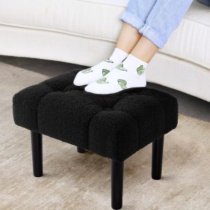 HOUCHICS Fur Padded Foot Stool, Small Ottoman Foot Rest with Wooden Legs,Modern Rectangle Chair Foot Rest Foot Step Stool for Living Room, Couch, Desk(Black)