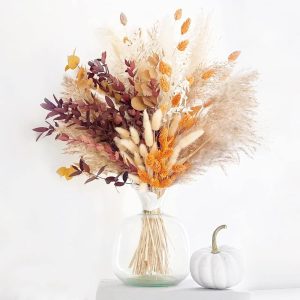 HUMINBO Fall Decor Autumn Decorations for Home Thanksgiving Table Boho Flowers Orange Pampas Grass Fluffy Dried Flower Bouquet Dry Pompas 17"-95-Pcs Pompous (Orange)