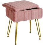 IBUYKE Stool Chair with Storage Space, Footrest Footstool Ottoman, Small Side Table, with 4 Metal Legs, with Anti-Slip Feet, for Makeup Room, Bedroom, Faux Fur, Pink LG-50P