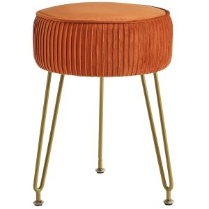 IBUYKE Velvet Round Footrest Stool Ottoman, Makeup Vanity Stool Side Table, Velvet Dressing Table Seat, Pouf Couch Stool, Golden Steel Legs, Orange LG-30J