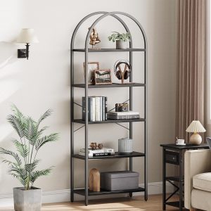 IDEALHOUSE Bookshelf 5 Tier Bookcase Arched Display Racks Tall Standing Bookshelves Metal Frame Open Storage Rack Shelf Large Black Book Shelf for Bedroom, Living Room, Home Office