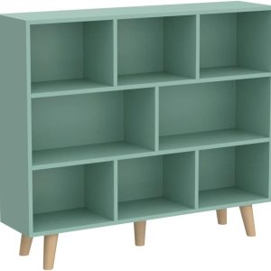 IOTXY Wooden Open Shelf Bookcase - 3-Tier Floor Standing Display Cabinet Rack with Legs, 8 Cubes Bookshelf, Tiffany-Green