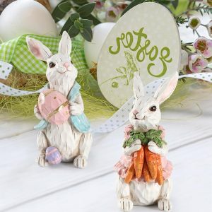 iStatue Easter Bunnies, 2 Resin 5'' Bunny Figurines with Resurrection Eggs & Carrots - Hand Painted Statue Spring Decorations for The Home Decor Office Gift (Easter Bunny)