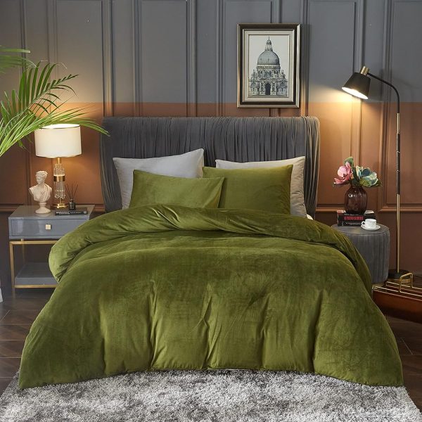 Ivellow Velvet Duvet Cover Queen Set Sage Green Comforter Cover 3Pcs Ultra Soft Cover Breathable Solid Luxury Flannel Velour Duvet Cover Zipper Closure Corner Tie