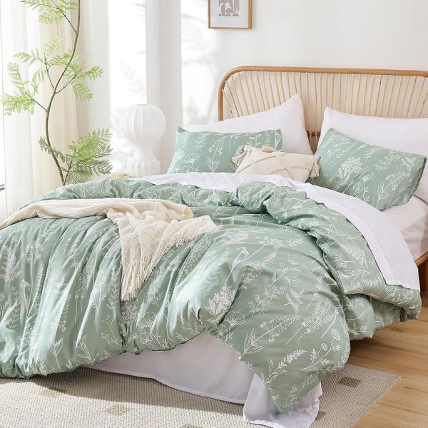 JANZAA 3 Pieces Duvet Cover Queen Sage Green Duvet Cover Floral Duvet Cover Queen Comforter Cover with Zipper Closure 4 Ties (2 Pillow Cases)