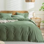 JELLYMONI Green Duvet Cover Queen Size - 100% Washed Cotton Linen Like Textured Comforter Cover, 3 Pieces Breathable Soft Bedding Set with Button Closure (Green, Queen 90"x90")