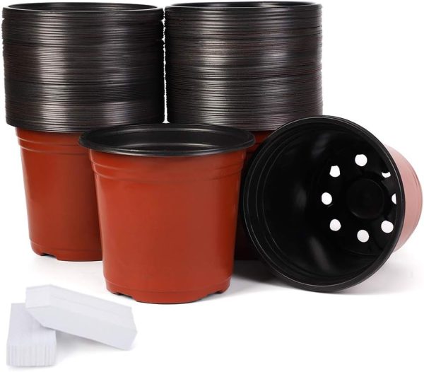 JERIA 100-Pack 6 Inch Plastic Nursery Pots Come with 100 Pcs Labels, Seedling Flower Plant Container and Seed Starting Pots