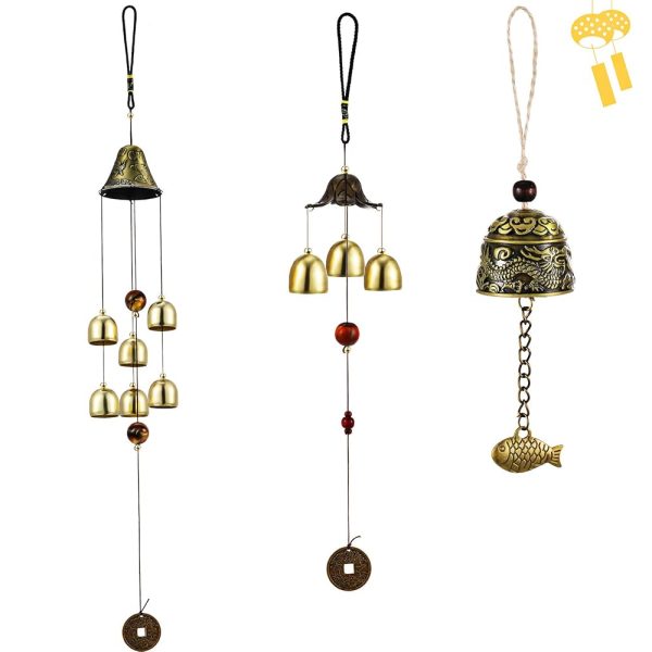 Jetec 3 Pcs Feng Shui Wind Chimes Chinese Bells Hanging Metal Bell Vintage Dragon Fish Feng Shui Chime and 3 Bells 6 Bells Wind Chime for Good Luck Indoor Outdoor Temple Home...