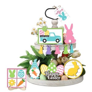 Jetec Tray Decor, 12pcs Bunny Easter Tiered Signs, Wood Gnome Truck Flower Farmhouse Kitchen Decorations, Green, Yellow, Tray not Included