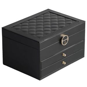 Jewelry Box for Women Girl Wife 3 Layers Large PU Leather Jewelry Organizer Storage Case with Two drawers Display for Earrings Bracelets Rings Watches (Black)