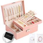 Jewelry Organizer Box, Leather Jewelry Box for Girls Gift Earring Organizer with Lock Double Layers Jewelry Case Removable Tray for Necklace Earring Ring with Polishing Cloth...