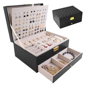 Jewelry Organizer Earring Jewelry Box For Women Girl Stud Earing Organizer, 2 Layers Girl Jewelry Organizer Box With Lock Earring Holder Organizer Necklace Ring Jewelry...