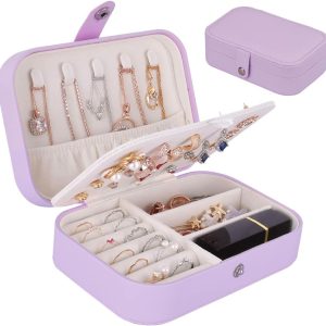 jiemei Jewelry Box, Travel Jewelry Organizer Cases with Doubel Layer for Women’s Necklace Earrings Rings and Travel Accessories (Purple)