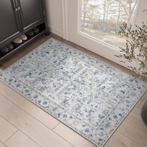 jinchan Area Rug 2x3 Entryway Rug - Washable Rug Non-Slip Indoor Door Mat Small Rug Ultra-Thin Accent Floral Print Indoor Mat for Kitchen Bathroom Bedroom Blue