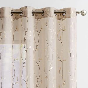 jinchan Beige Sheer Linen Curtains for Bedroom, 84 Inch Length Floral Embroidered Semi Sheer Privacy Drapes for Living Room Embroidery Voile Transparent Grommet Window...