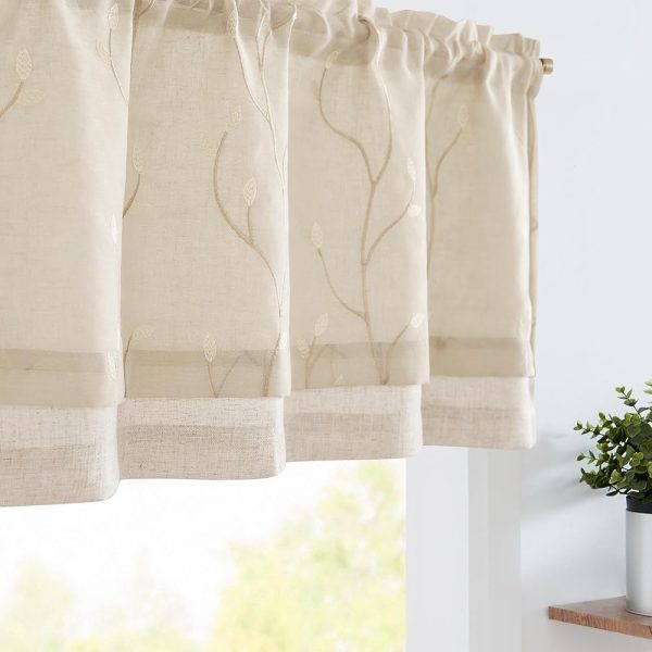 jinchan Linen Valance Sheer Double Layer Kitchen Window Curtain Leaf Embroidered Valance for Living Room Cafe Farmhouse Light Filtering Rustic Country Curtain 18 Inch Rod Pocket...