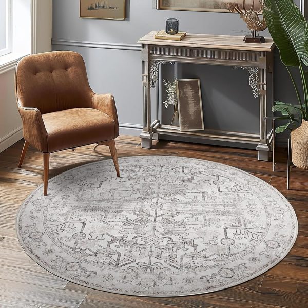 JINCHAN Round Rug 4ft Washable Area Rug Vintage Floor Mat Kitchen Indoor Circle Rug 4' Round Thin Rug Floral Print Carpet Retro Farmhouse Non Slip Entryway Dining Room Living...