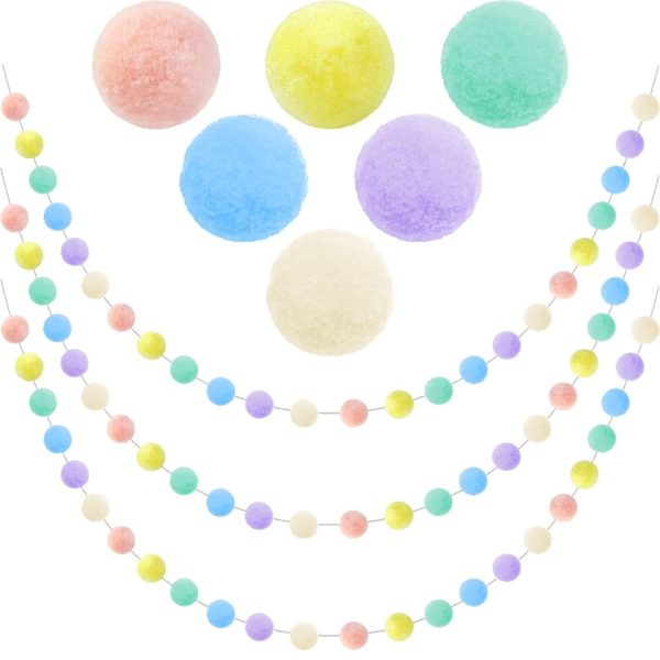 Jishi 3pk Pastel Pom Pom Garland Hanging Easter Decorations Indoor Home Decor for Living Room Wall Classroom Christmas Tree, Cute Rainbow Colorful Felt Ball Garland Baby Shower...