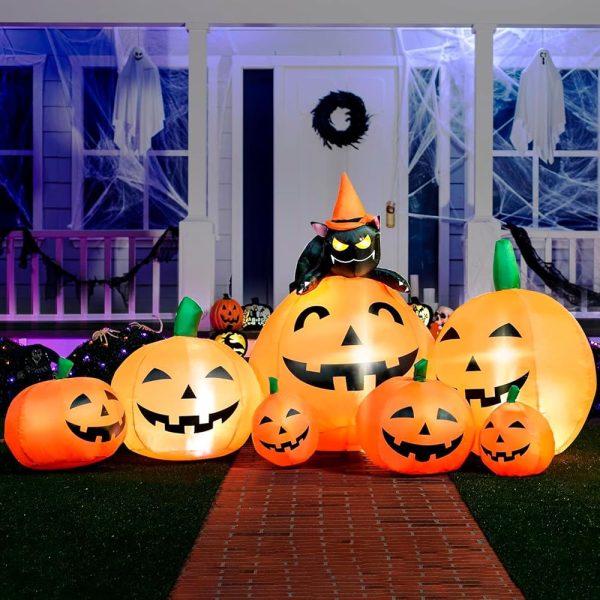 Joiedomi 7 FT Long Halloween Inflatables Pumpkin Outdoor Decorations, 7 Pumpkins Outside Decoration with Witch's Cat with Build-in LEDs Blow Up Inflatables for Halloween Party...