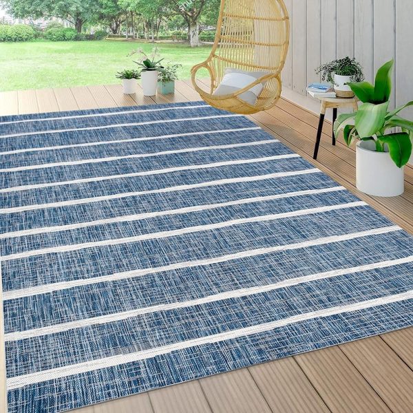 JONATHAN Y SMB125C-8 Colonia Berber Stripe Indoor Outdoor Area-Rug Bohemian Contemporary Easy-Cleaning Bedroom Kitchen Backyard Patio Non Shedding, 8 X 10, Blue/Ivory