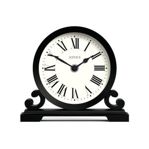 JONES CLOCKS® 'Saloon' Mantel Clock - Classic Double Scroll Design in Black with Roman Numerals, Traditional Style for Desk, Table, Shelf, or Bedside