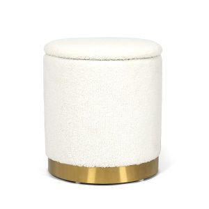 Joveco Boucle Round Storage Ottoman with Removable Lid, Small Upholstered Foot Rest Stool with Gold Plating Base, for Dorm Living Room Bedroom, White