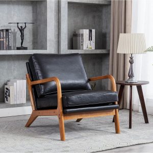 JOYBASE Lounge Arm chair, Mid Century Modern Accent Chair, Wood Frame Armchair for Living Room, Bedroom (Black, PU Leather)