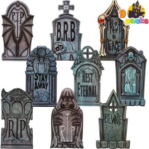 JOYIN 16" 9 Pcs Halloween Tombstones Decorations Outdoor Graveyard Decor, Yard Lawn Cemetery Plastic Headstones with 18 Metal Stakes for Halloween Indoor Prop Decorations, Party...