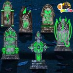 JOYIN 16” Halloween Decorations Outdoor Graveyard Tombstones Fluorescent, 6 Pcs Glow in The Dark Headstone with 12 Metal Stakes, Tombstone for Halloween Cemetery Outdoor Outside...