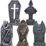 JOYIN 17” Halloween Decorations Outdoor Tombstones, 5 Pack Halloween Foam Graveyard Headstone Decorations with 10 Bonus Metal Stakes for Halloween Yard Lawn Outside Decorations