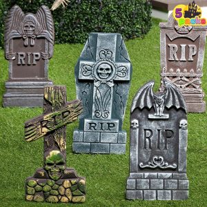 JOYIN 17” Halloween Foam RIP Graveyard Tombstones (5 Pack), Yard Sign Headstone Decorations and 10 Bonus Metal Stakes for Halloween Yard Outdoor Indoor Decorations