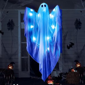 JOYIN Halloween Hanging Light up Ghost with Spooky Blue LED Light, 47” White Hanging Ghosts, Halloween Hanging Decoration for Front Yard Patio Lawn Garden Party Decor Indoor...