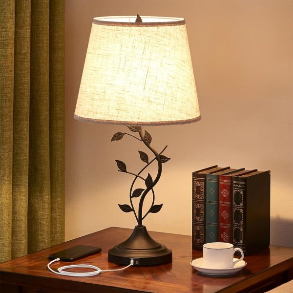 Kakanuo USB Charging Bedside Nightstand Lamp for Living Room and Bedroom - Traditional Tall Retro Desk Lamp with USB-A and USB-C Ports