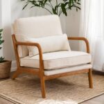 Karl home Accent Chair Mid-Century Modern Chair with Pillow Upholstered Lounge Arm Chair with Solid Wood Frame & Soft Cushion for Living Room, Bedroom, Balcony, Beige (Low Back)