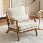 Karl home Accent Chair Wide Armrest Mid-Century Lounge Chair Linen Fabric Armchair with Lumbar Pillow & Solid Wood Frame for Living Room, Bedroom, Balcony, Beige