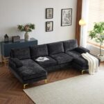 Karl home Convertible Sectional Sofa 110" U-Shape Sofa Couch 4-Seat Couch with Chaise ChenilleFabric Upholstered for Living Room, Apartment, Office, Black