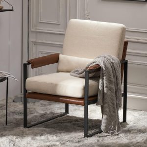 Karl home Mid-Century Accent Chair Linen Fabric Arm Chair with Metal Legs Thick Padded Sofa Chair Lounge Chair with Pillow, for Living Room, Bedroom, Belcony, Beige