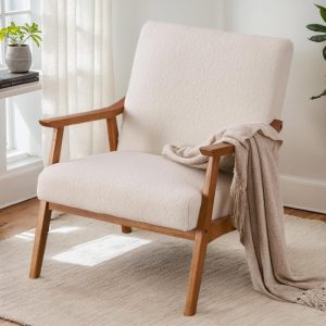 Karl home Mid-Century Accent Chair Modern Retro Leisure Chair with Solid Wood Frame Upholstered Teddy Fleece Fabric Single Sofa Armchair for Living Room, Bedroom, Balcont,...