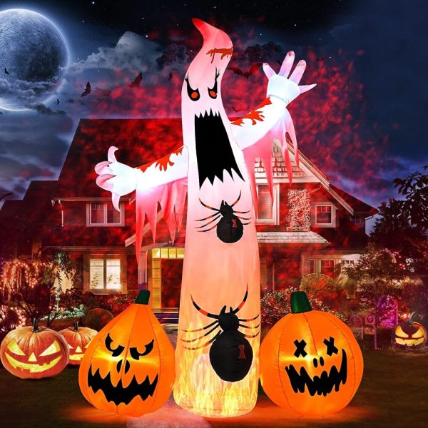 Kesfitt 8FT Halloween Inflatables Decorations Outdoor Ghost Built-in 2 Flame Flashing Projection Light,Blow Up Yard Inflatables with Pumpkin Spider for Outside Halloween Patio...